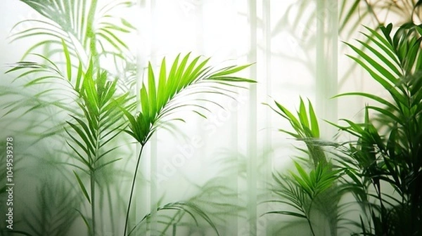Fototapeta tropical bamboo trees behind the frosted glass in the fog with backlighting. decoration of green plants premises