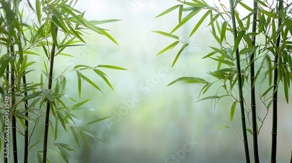 Fototapeta tropical bamboo trees behind the frosted glass in the fog with backlighting. decoration of green plants premises