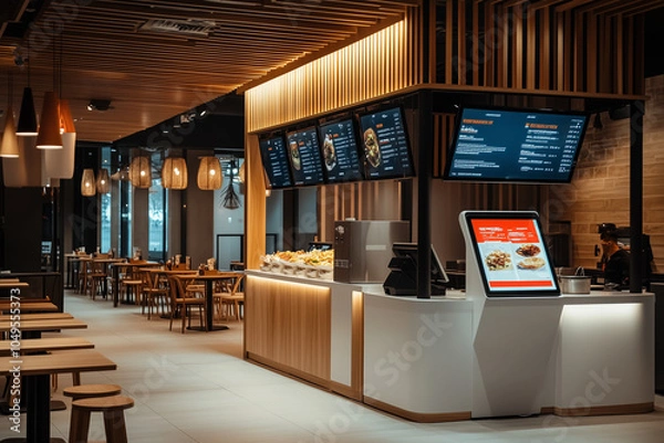 Fototapeta White self-service kiosk in modern design as a focal point in the restaurant with a minimalist background