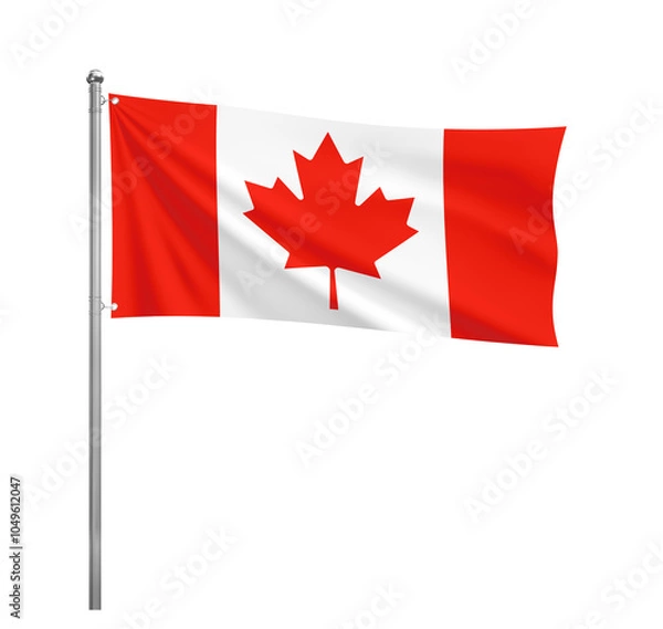 Fototapeta Canada National flag waving in the wind on a silver pole, isolated on transparent