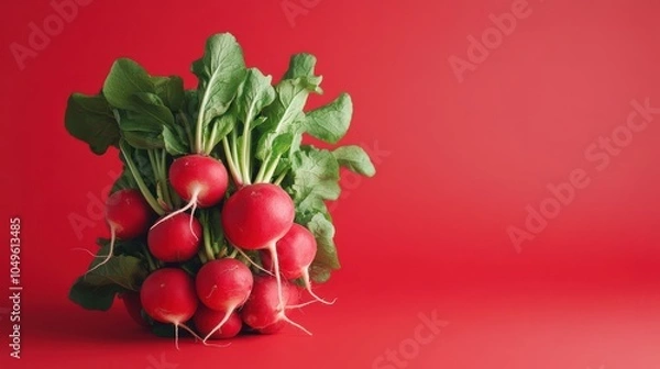 Fototapeta Fresh Red Radishes on Red Background