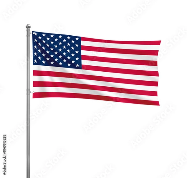 Fototapeta The United States National flag waving in the wind on a silver pole, isolated on transparent