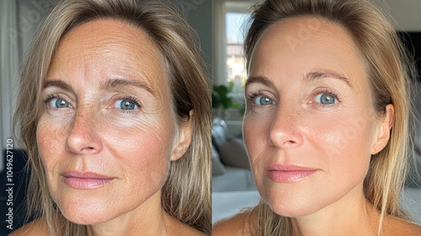 Fototapeta A close-up view shows a woman's face before and after botox injections, illustrating the noticeable smoothing of fine lines and improved skin texture, facelift, surgery,skin rejuvenation