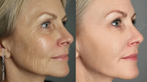 Fototapeta A side-by-side comparison showcases the significant reduction of facial wrinkles after Botox injections, highlighting smoother skin and youthful appearance post-treatment, facelift, surgery,skin
