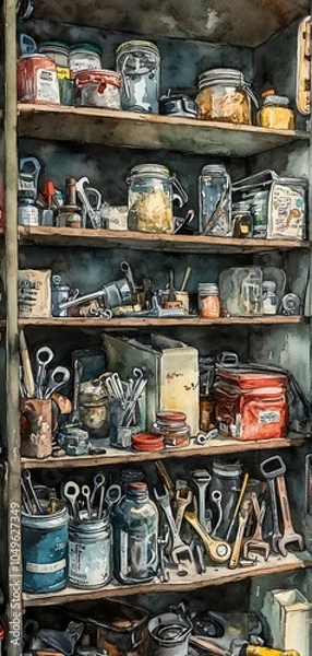 Obraz Detailed close-up of cluttered garage inventory shelves