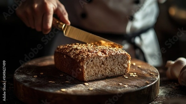 Fototapeta Closeup of a Baker Slicing a Loaf of Bread