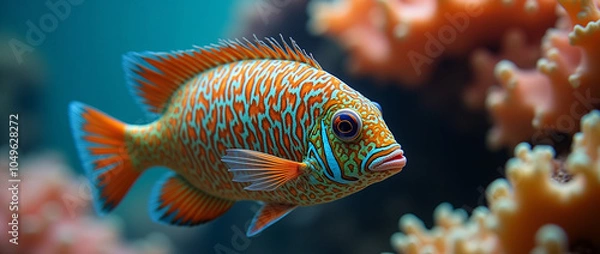 Fototapeta Drawing of sea life in a close-up of a vibrant reef fish with intricate patterns swimming among coral, showcasing its vivid colors