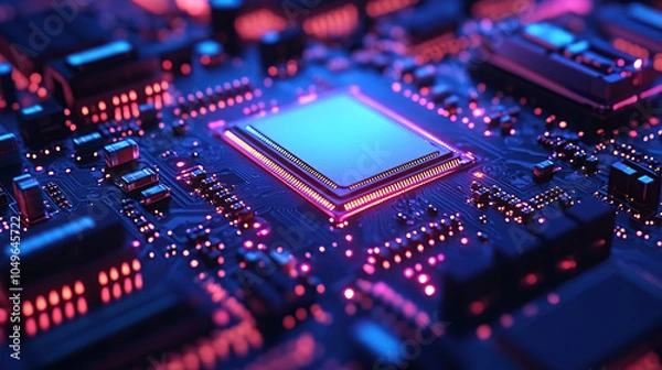 Fototapeta Close-up of a glowing microchip on a circuit board, with a chip in the middle