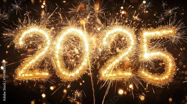 Fototapeta Happy New Year 2025 with festive gold fireworks bursting in the night sky