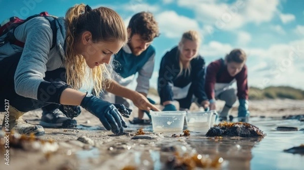 Obraz Biology field research, group of scientists studying marine life at a beach, bright and sunny, promoting hands-on science, perfect for stock photography,