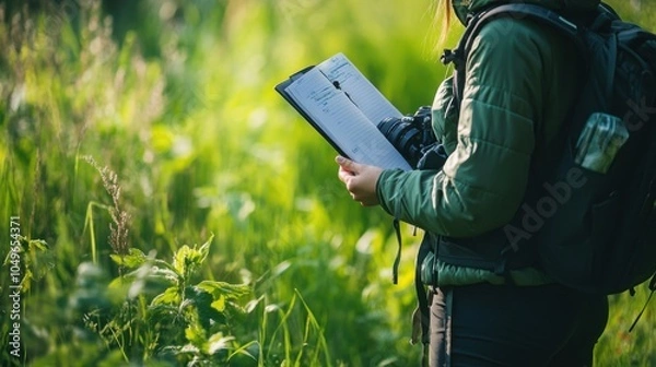 Obraz Biology field study, biologist observing animal behavior in the wild, camera and notebook in hand, focus on nature research, ready for stock use,