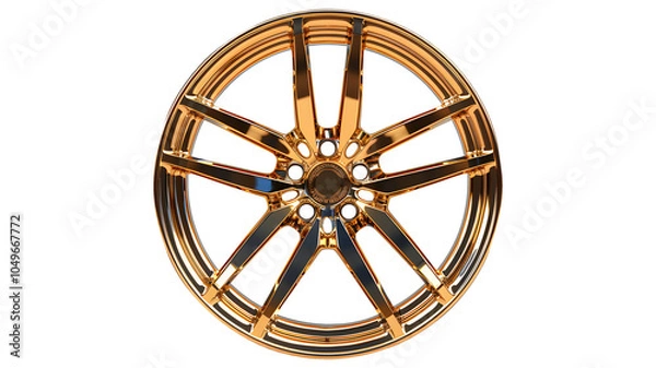 Obraz Glossy shiny gold wheel Alloy car wheels Rim or Mag Wheel high performance auto part decoration. Beautiful car accessories. Isolated on cut out PNG or transparent background