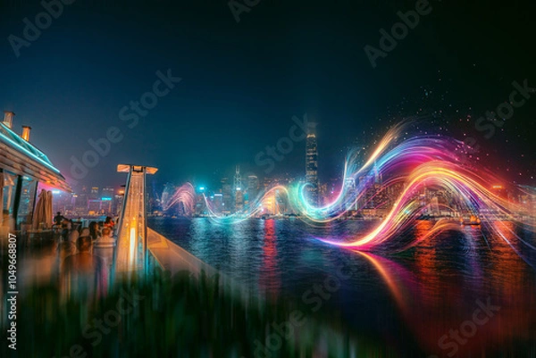 Fototapeta A vibrant cityscape at night with a colorful light trail streaking across the water.