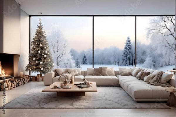 Fototapeta Inside the home living room, a large window makes you feel the cold winter, but it captures the warmth of Christmas