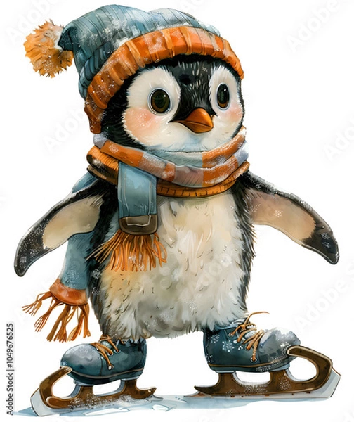 Obraz Cute Penguin on Ice Skates Clipart Illustration. Generative AI. 