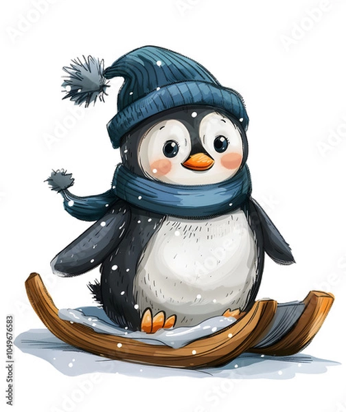 Fototapeta Cute Penguin on a sled Clipart Illustration. Generative AI. 