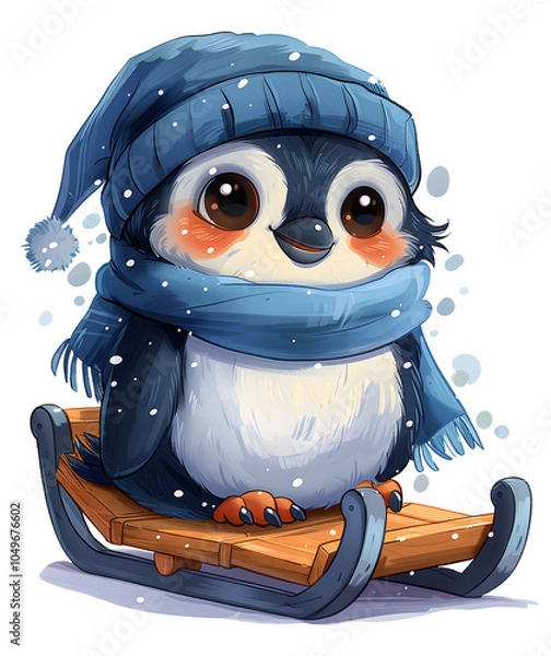 Obraz Cute Penguin on a sled Clipart Illustration. Generative AI. 