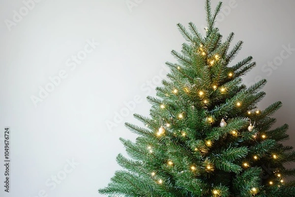 Obraz Lit Christmas tree on plain background, festive mood