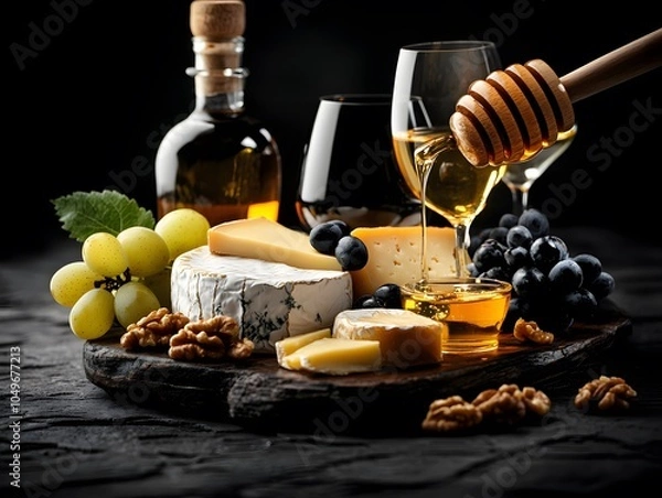 Obraz Cheese board with honey, grapes, walnuts, and wine on dark rustic background