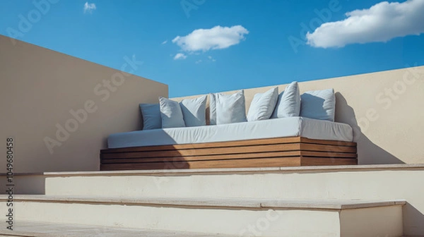 Fototapeta Charming outdoor seating with plush cushions beneath a clear blue sky in modern design