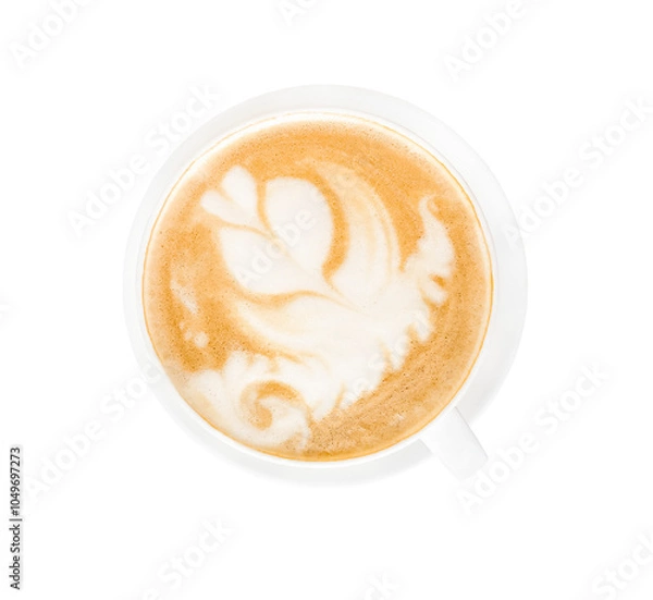 Fototapeta Cappuccino, latte, coffee with milk in a white glass mug. The drawing on the coffee foam. View from above. On a white background. Isolated. Space for text. Copy space