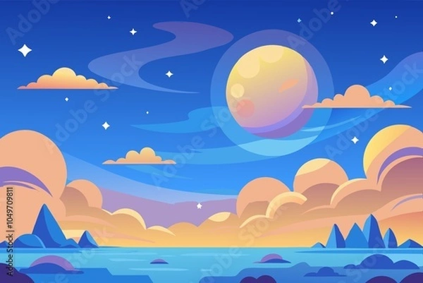 Fototapeta Vibrant cartoon landscape with colorful clouds, a large moon, and a serene ocean under a starry sky. Perfect for fantasy and space-themed designs.