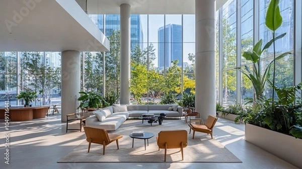 Fototapeta Spacious modern living room featuring high ceilings, large windows, and stylish furniture. The design emphasizes natural light and greenery. Ideal for urban living.