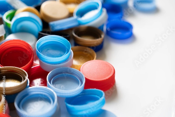 Fototapeta close up plastic bottles caps for recycling to conserve the environment, recycling, reuse, garbage disposal, save the world concept