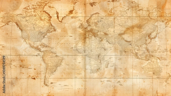 Fototapeta Vintage world map with faded colors and antique texture, Old map paper texture