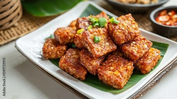 Fototapeta Crispy fried tempeh displayed on a simple white plate, highlighting Indonesian cuisine with enough space for recipe text or culinary promotions.