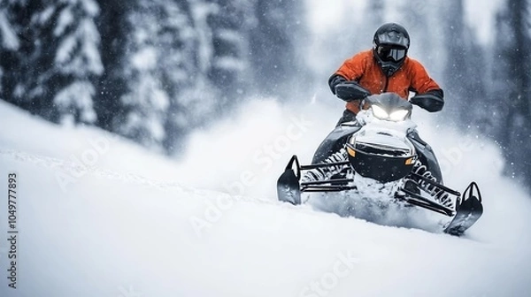 Fototapeta Dynamic action shot of a snowmobiler racing across a snow-covered terrain, dense forest in the background, Thrilling, Frozen Wilderness
