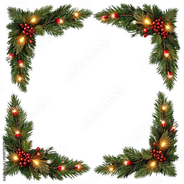 Fototapeta Christmas frame with fir branches, cones, and decorations for a festive holiday design