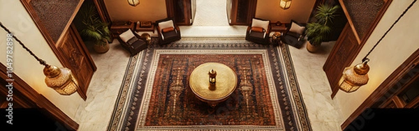 Fototapeta Overhead view of a luxurious living room with ornate rug, round table, and chairs.