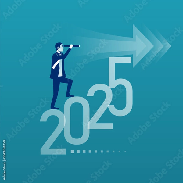 Fototapeta Look at the next year. Businessman with a telescope looks at the next year 2025. Successful prospects in the coming year. Vector illustration flat design.