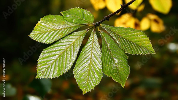 Fototapeta Close-up of a green chestnut leaf with veins.