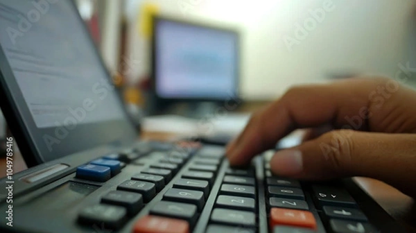 Fototapeta Close-up of a hand typing on a calculator keyboard.