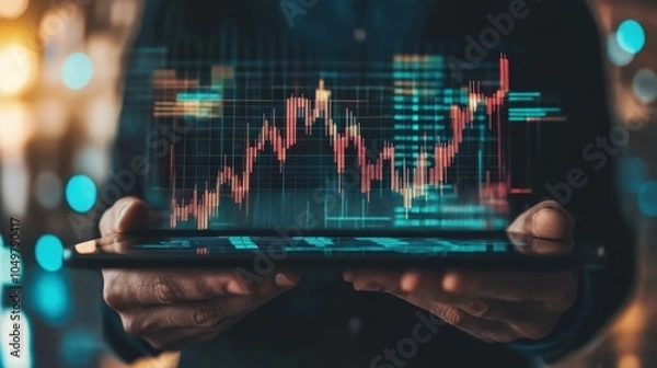 Fototapeta Market Pulse: A double exposure of a man's hands using a device, overlaid with fluctuating forex graphs, capturing the pulse of financial markets