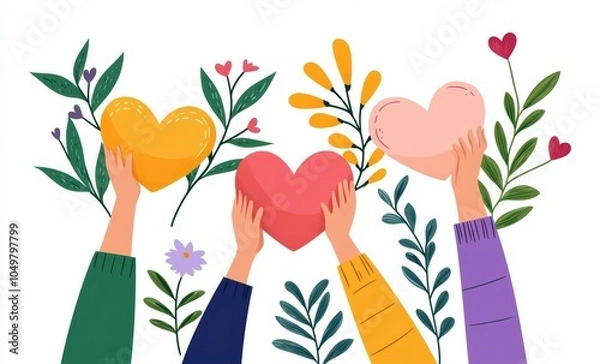 Fototapeta A variety of hands lifting hearts in a minimalist flat style, illustrating concepts of love, solidarity, and compassion in a modern, simplified design