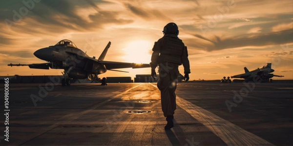 Obraz A man in military uniform against the background of fighter jets on the runway
