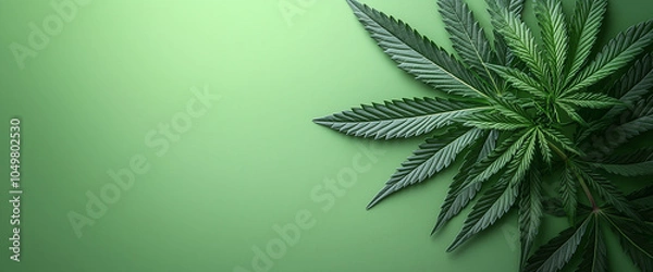 Fototapeta Cannabis leaf on a light green background with copy space, flat lay top view.