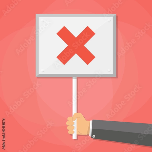 Fototapeta Cartoon Businessman hand hold sign with cross. negative checkmark in center. wrong choice concept, vector illustration flat design on red background.