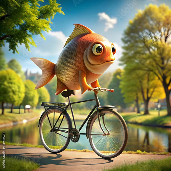 Obraz A playful 3D fish rides a bicycle through a vibrant park.