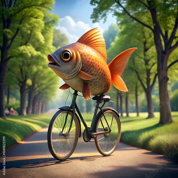 Obraz A playful 3D fish rides a bicycle through a vibrant park.