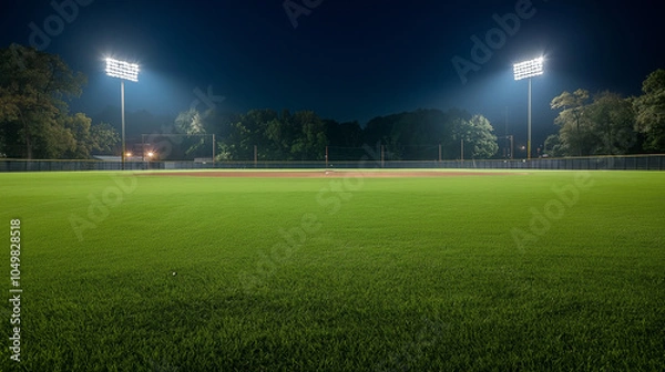 Fototapeta Empty baseball field illuminated at night with powerful spotlights