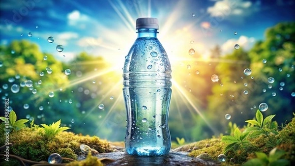 Fototapeta Sparkling mineral water in a transparent bottle, designed for hydration and wellness. A refreshing beverage that revitalizes your body and quenches thirst with every bubbly sip.