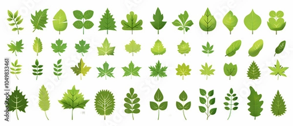 Fototapeta Set of simple vector green leaf icons, flat design, white background, simple shapes, 2D, PNG format, 30 different leaf icons. -