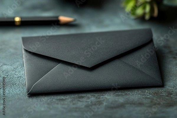 Obraz A black envelope sits on a table with a pen and pencil