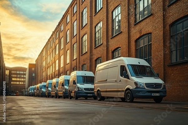 Obraz A row of white vans are parked in front of a brick building
