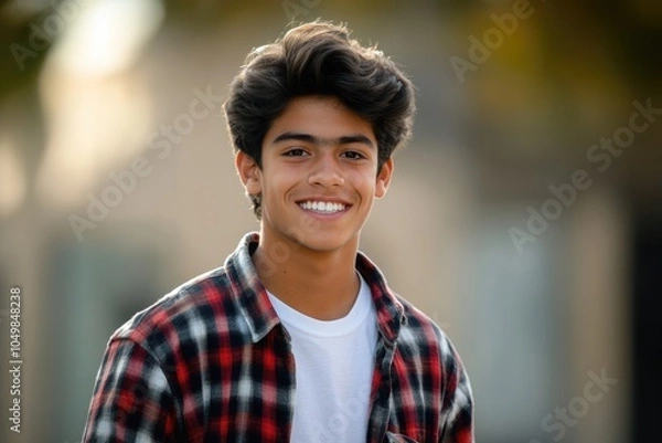 Obraz A young man with a friendly smile looks directly at the camera, wearing a plaid shirt