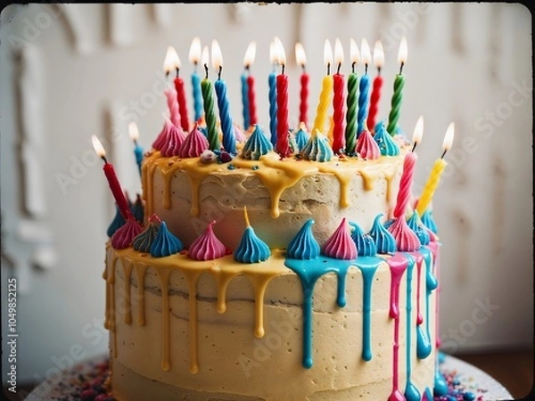 Fototapeta Overloaded Birthday Cake with Too Many Candles Melting All Over on the Right Side of the background